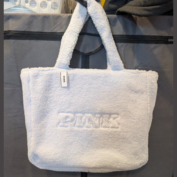 Victoria's Secret Handbags - Victoria’s Secret PINK Large Sherpa Tote Bag Light Baby Blue NWT